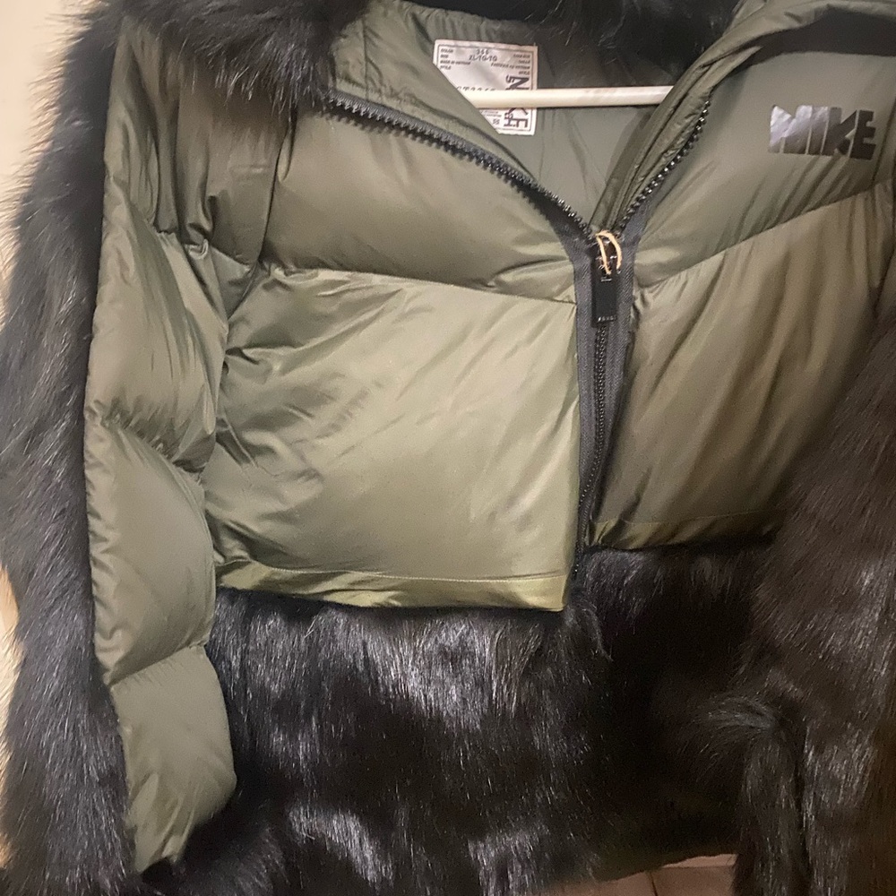 Nike Women's Olive Puffer Jacket with Black Faux Fur